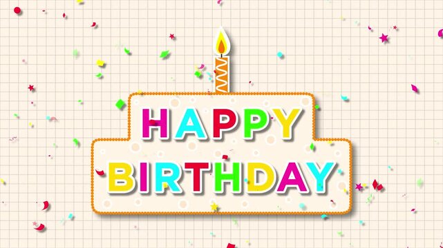 happy birthday card with candle 4k animation, colorful confetti rain, kids party motion background, celebration design element