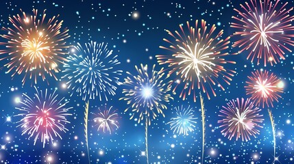 Fototapeta premium Festive fireworks display against a dark blue night sky.