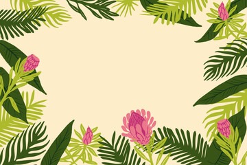 Summer floral frame green background with palm tree, monstera leaves, branches. Copy space. Vector horizontal concept for summer party poster, flyer, web baner, invitation design.