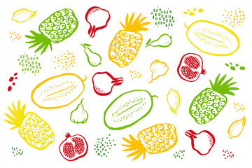summer background with silhouettes and sketches of fruits, a bright pattern on a white background for posters, banners, cards, invitations