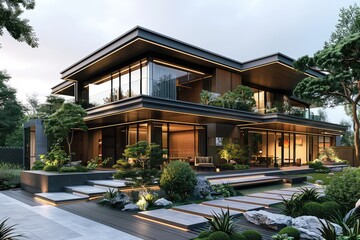 Beautiful modern house exterior with grass field Modern residential district