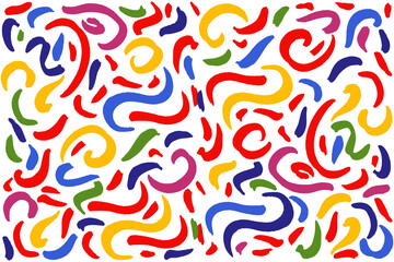 Colorful abstract pattern with red, blue, yellow, green, and purple brush strokes on a white background, creating a dynamic and playful design