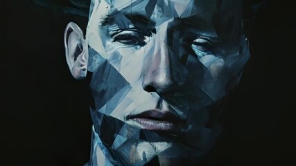 An abstract portrait of a young man with sharp geometric shapes and shadows. The painting emphasizes his closed eyes and calm expression, creating a surreal and introspective mood.
