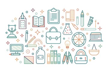 Physics and chemistry sciences pattern for education design with seamless background of laboratory equipment, flasks, books, pencils, rulers, idea light bulbs, gears, molecules and hourglasses
