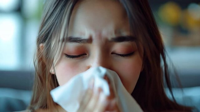 Sitting on the couch, a sick young Asian woman blows her nose on a tissue, suggesting that she may be suffering from seasonal flu, rhinitis, or hay fever. 