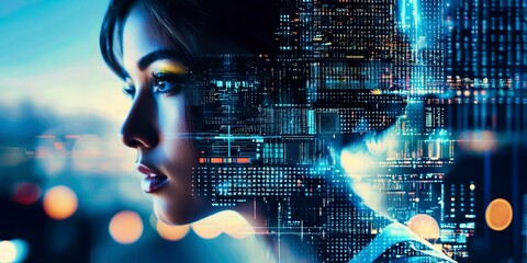 Beautiful woman, technology, artificial intelligence