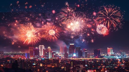 Night cityscape with vibrant fireworks exploding over the city skyline.