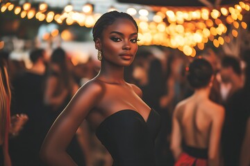 A woman in a black dress modelling in an event