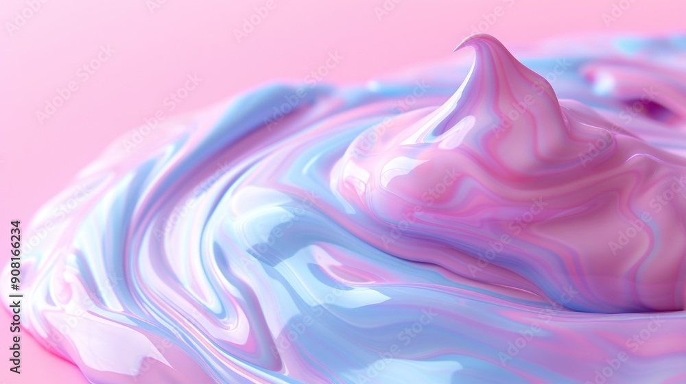 Wall mural   A close-up of a pink and blue swirled doughnut on a pink and blue background with a liquid droplet dripping from its top