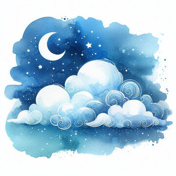 Blue watercolor background with a white cloud