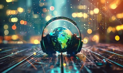 A digital world with headphones and a world music concept
