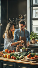 Young couple cooking together in a modern kitchen with fresh vegetables, mobile friendly