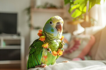 a young parrot wearing a cloisonne necklace, adorable
