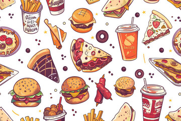 A cartoon drawing of various food items such as hamburgers, hot dogs, pizza