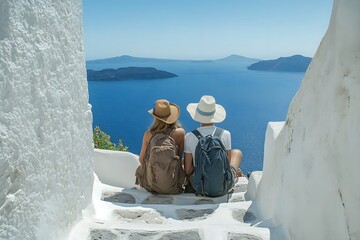 A couple traveling and gazing at the blue ocean