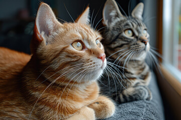 Naklejka premium 3 or more different cats, pretty and cute cats, bright indoor atmosphere