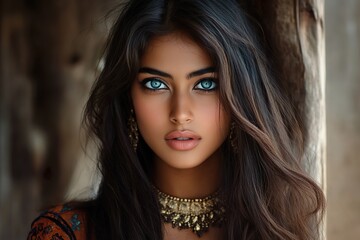 A photo portrait of a woman with aqua-blue eyes