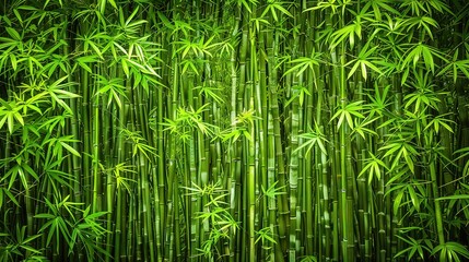 Obraz premium Bamboo plant with ample green foliage adorning its upper and lower stems, as portrayed in this image