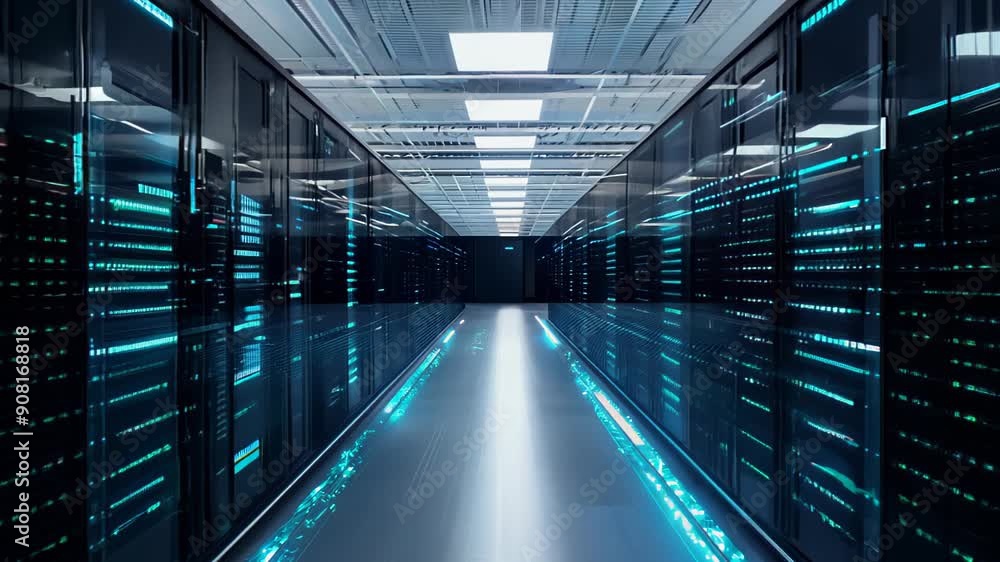 Poster exploring the depths of a high-tech data center at midnight. generative ai