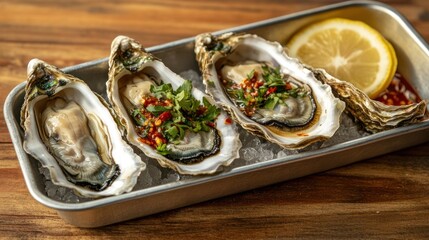Fresh Oysters with Spicy Garnish - A tray of six fresh oysters served with a spicy sauce, garnished with cilantro and lemon slices, presented on a stainless steel tray.