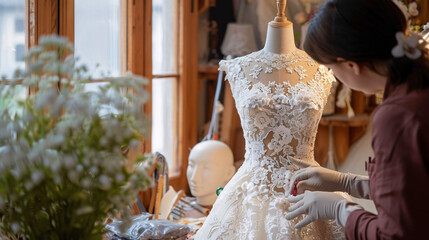 Dressmaker meticulously adjusting lace details on a wedding dress displayed on a mannequin in a well-lit studio, highlighting craftsmanship and attention to detail for bridal fashion themes