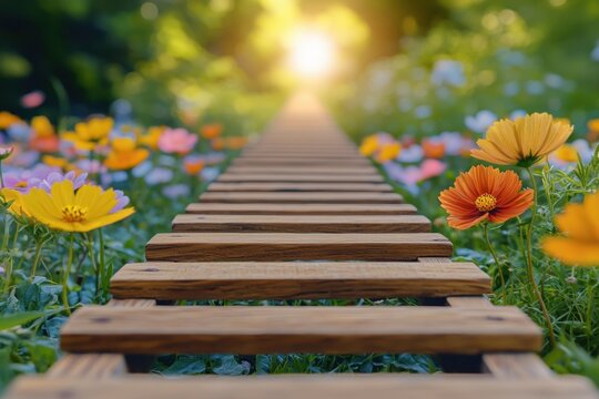 Wooden ladder extending to a bright future, goal concept, path to success