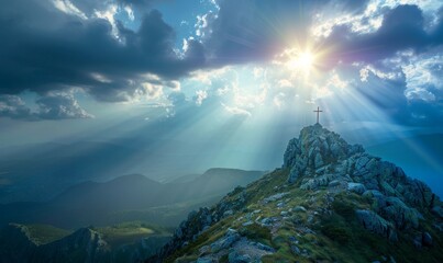 Crucifix at the top of a Mountain with Sunlight Breaking through the Clouds. Inspirational Christian Image.