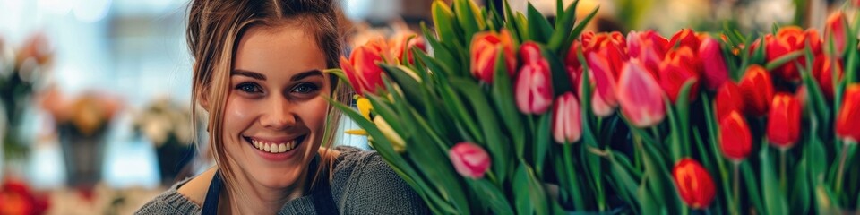 Fototapeta premium Woman florist smiling and holding tulips in a vibrant flower shop radiating charm and entrepreneurship