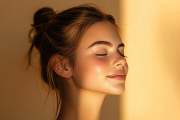 A close up of a girl's face with her eyes closed