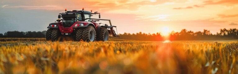 Fototapeta premium A red tractor in a field at sunset