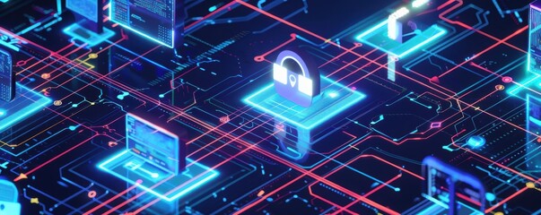 Fototapeta premium Abstract futuristic network with glowing lines and connected devices, depicting digital world and cyber security.
