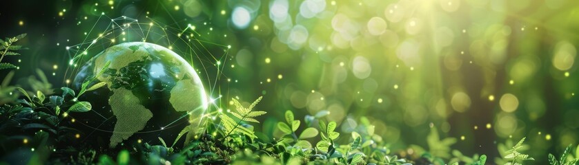 A glowing globe in a lush green forest, symbolizing sustainability and nature.