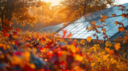 Realistic autumn texture of solar panels in a field surrounded by colorful fall foliage. 