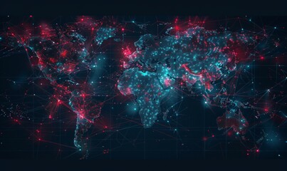 Digital World Map With Red and Blue Data Points