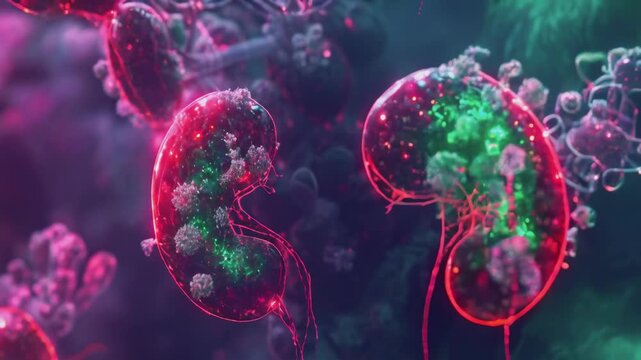 A close-up view of kidney-shaped bacteria, illuminated with green and red lighting effects. The surrounding area appears dark, highlighting the vibrant colors and intricate textures of the bacteria.