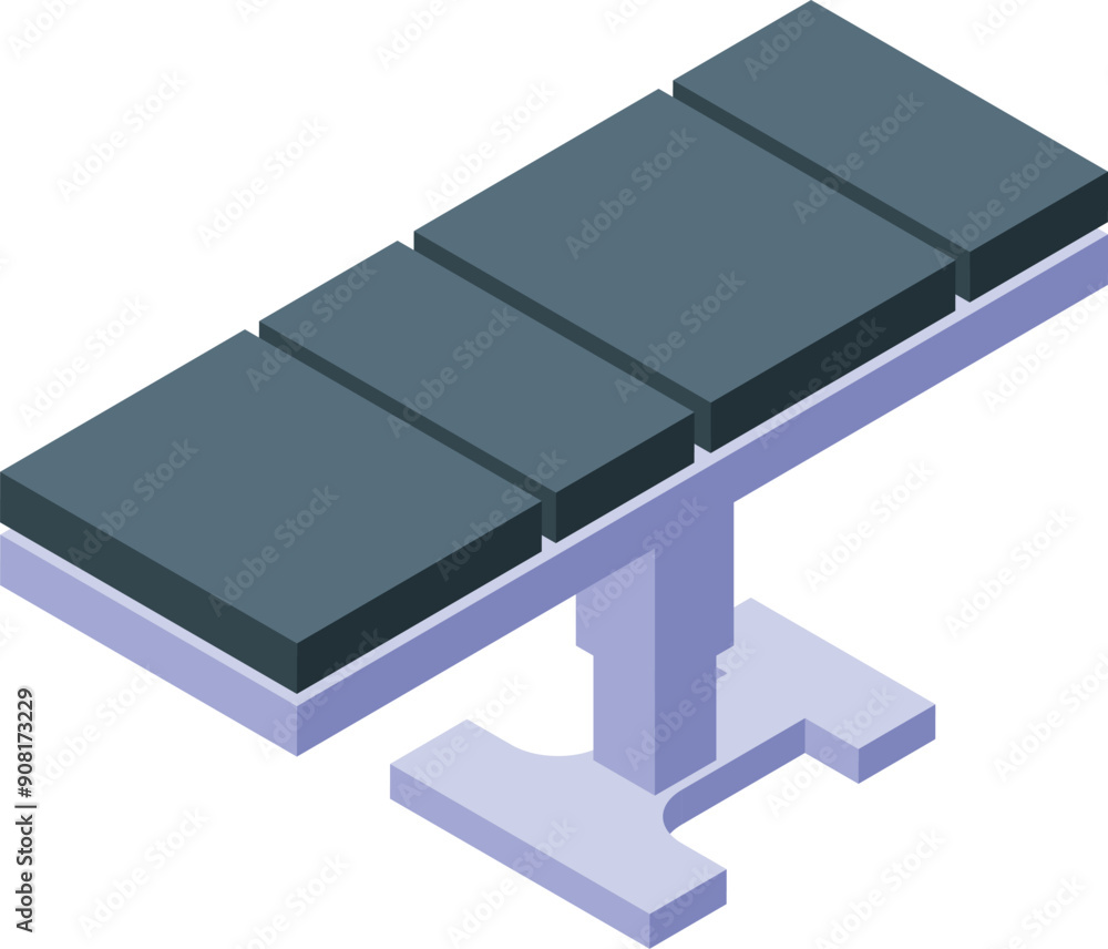 Poster adjustable padded examination table standing on a stable platform in an empty room
