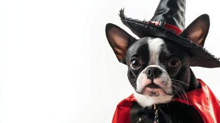 Charming french bulldog puppy in a halloween witch costume with red cape and hat, posing cutely on white background. Perfect for autumn vibes