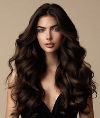 Fototapeta premium Confident Model with Long, Wavy Dark Brown Hair on Neutral Background, Showcasing Hair Products with Radiant Smile