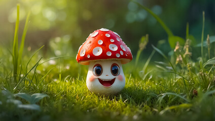 Cute cartoon fly agaric mushroom on a clearing