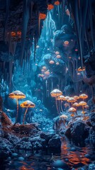 Enchanted cavern with glowing mushrooms and shimmering crystalline stalactites, dark, mystical ambiance