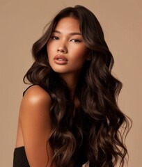 Fototapeta premium Confident Model with Long, Wavy Dark Brown Hair on Neutral Background, Showcasing Hair Products with Radiant Smile