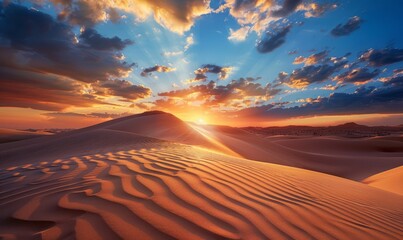 Desert sunset, dunes bathed in warm light, dramatic shadows, timeless solitude,