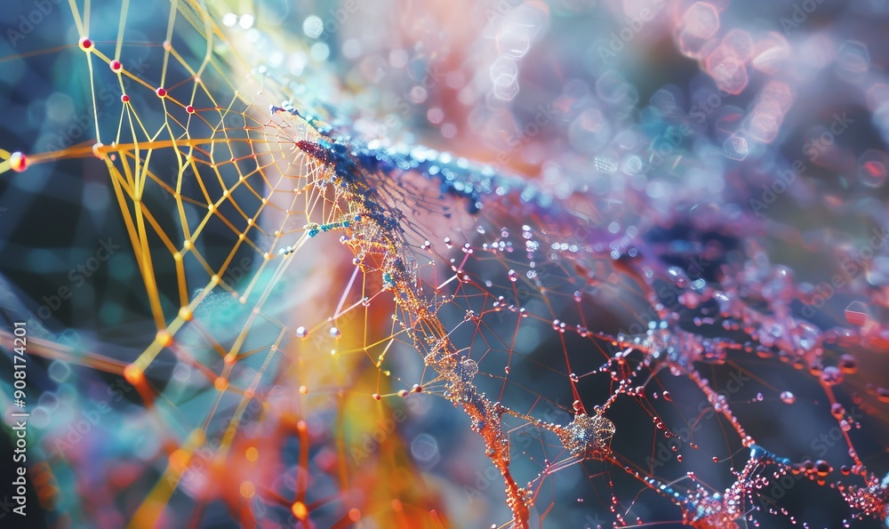 Poster intricate web of multicolored threads forming a mesmerizing geometric design, capturing the beauty o