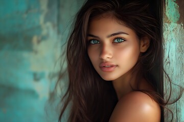 Photo of a beautiful brunette girl with aqua blue eyes