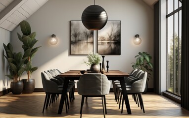 A beautifully designed art deco dining room with stylish furniture, embracing natural light and greenery, creates an inviting atmosphere for gatherings