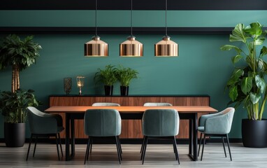 A sophisticated dining room showcases art deco design with elegant lighting and vibrant plants, creating an inviting space for gatherings