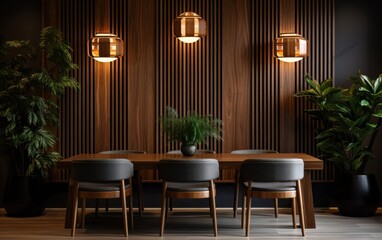 A sophisticated dining room showcases art deco style with wooden elements, stylish lighting, and vibrant plants, creating an inviting atmosphere for gatherings