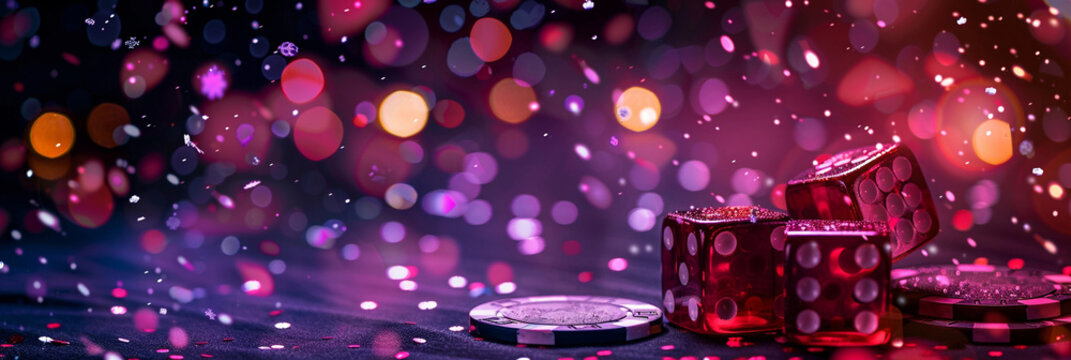 Red dice and poker chips with colorful bokeh lights on dark background. Casino night concept. For event invitation,promotional material, ads.  Merry Christmas and Happy New Year card or banner
