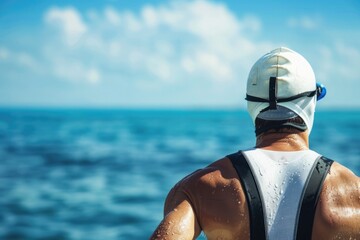 A triathlete wearing a swim cap and goggles stands on the shore, looking out at the ocean, preparing for a swim