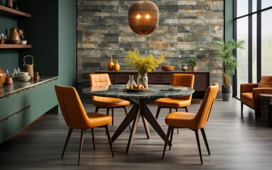 A cozy dining room features an inviting table set with warm tones, surrounded by stylish chairs and accents that enhance the bohemian atmosphere